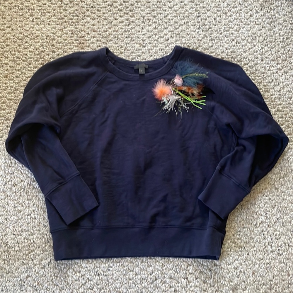 J. Crew navy cotton sweatshirt with feather details
